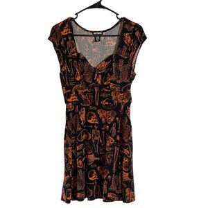 Hot Topic Black & Orange Anatomy Skulls & Bones Short Retro Flare Dress Small